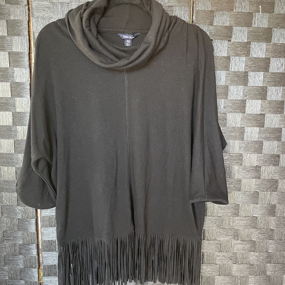 Terre Bleue Womens SWEATER Size Small Black Cowl Neck Fringe